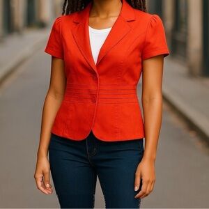 Marks & Spencer Lined Linen Blend Jacket UK 14P Orange/Red Cap Sleeve